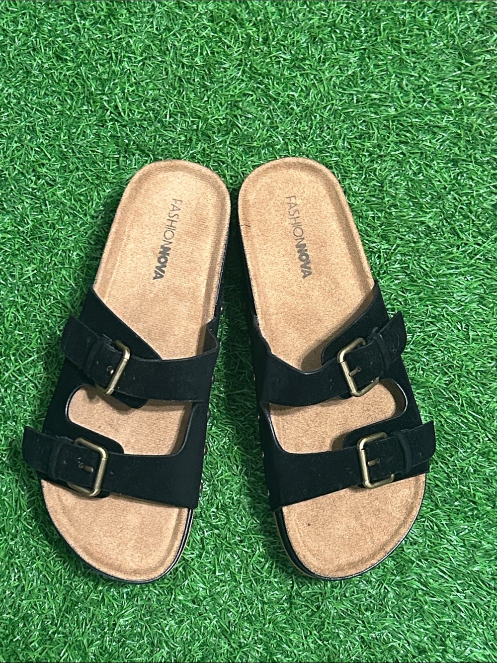Black Double-Strap Buckle Slide Platform Sandals